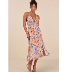 Lulus Danelle Taupe Floral Halter A-Line Midi Dress size small